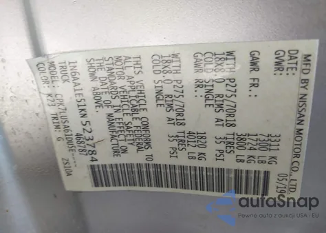 2019 Nissan Titan Pro-4X z USA, uszkodzony, nr VIN 1N6AA1E51KN523784